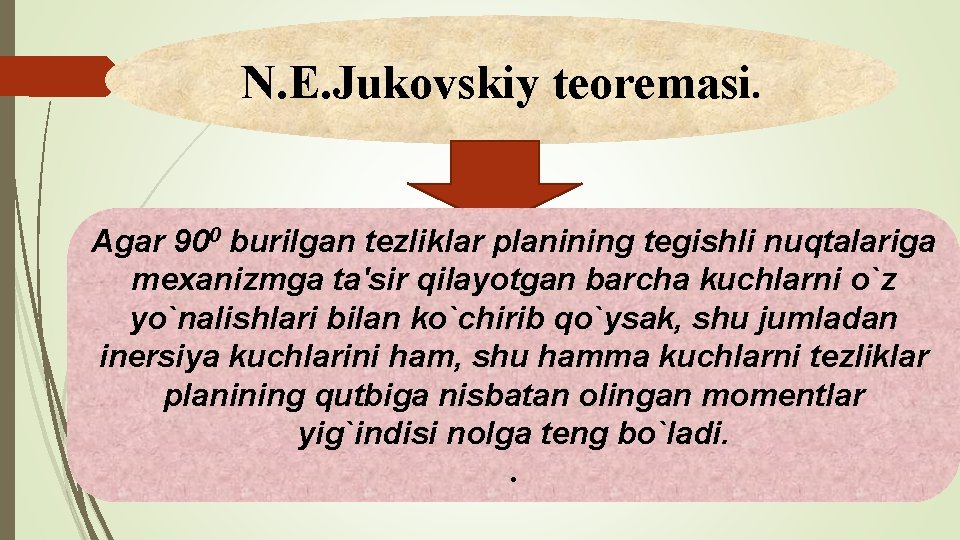 N. E. Jukovskiy teoremasi. Agar 900 burilgan tеzliklar planining tеgishli nuqtalariga mеxanizmga ta'sir qilayotgan