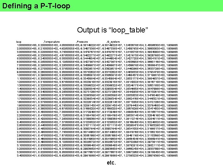 Defining a P-T-loop Output is “loop_table” loop , Temperature , Pressure , G_system 1.