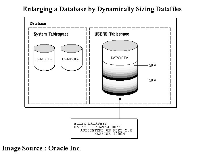 Enlarging a Database by Dynamically Sizing Datafiles Image Source : Oracle Inc. Enlarging a Database by Dynamically Sizing Datafiles Image Source : Oracle Inc.