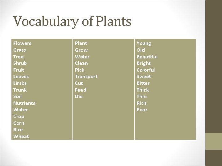 Vocabulary of Plants Flowers Grass Tree Shrub Fruit Leaves Limbs Trunk Soil Nutrients Water