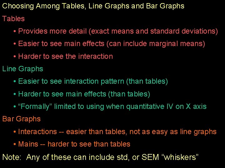 Choosing Among Tables, Line Graphs and Bar Graphs Tables • Provides more detail (exact