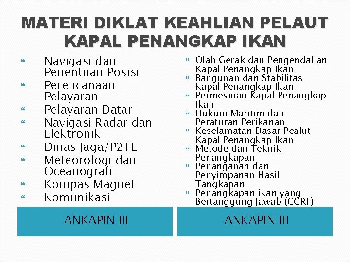 MATERI DIKLAT KEAHLIAN PELAUT KAPAL PENANGKAP IKAN Navigasi dan Penentuan Posisi Perencanaan Pelayaran Datar