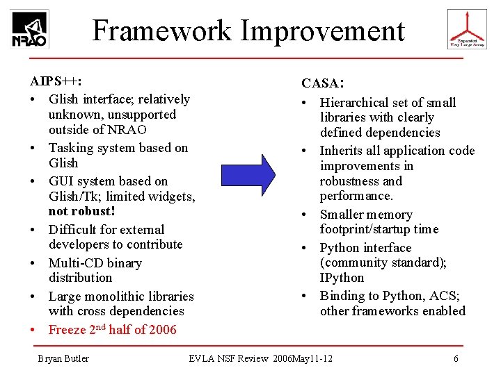 Framework Improvement AIPS++: • Glish interface; relatively unknown, unsupported outside of NRAO • Tasking