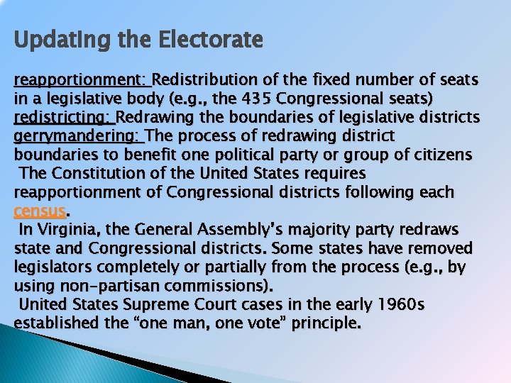 Updating the Electorate reapportionment: Redistribution of the fixed number of seats in a legislative