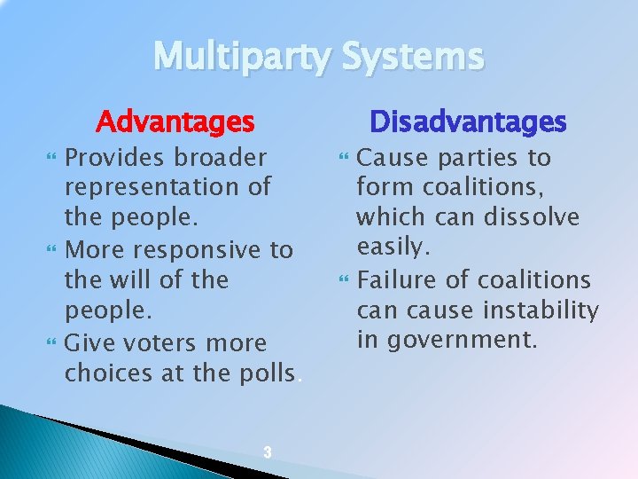 Multiparty Systems Advantages Provides broader representation of the people. More responsive to the will