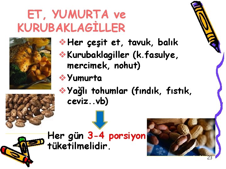 ET, YUMURTA ve KURUBAKLAGİLLER v Her çeşit et, tavuk, balık v Kurubaklagiller (k. fasulye,