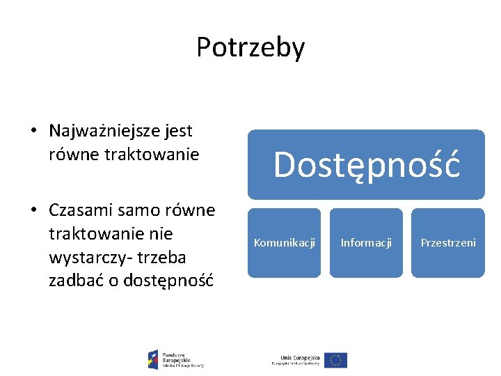 Potrzeby • Najważniejsze jest równe traktowanie • Czasami samo równe traktowanie wystarczy- trzeba zadbać