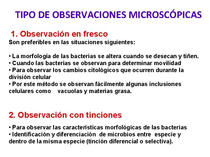 Lunes TIPO DE OBSERVACIONES MICROSCÓPICAS 1. Observación en fresco Son preferibles en las situaciones