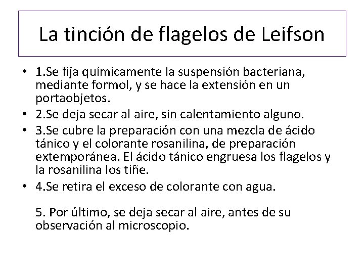 La tinción de flagelos de Leifson • 1. Se fija químicamente la suspensión bacteriana,