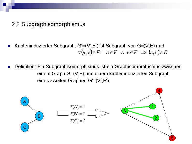 2. 2 Subgraphisomorphismus n Knoteninduzierter Subgraph: G‘=(V‘, E‘) ist Subgraph von G=(V, E) und