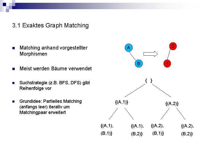 3. 1 Exaktes Graph Matching n Matching anhand vorgestellter Morphismen n Meist werden Bäume