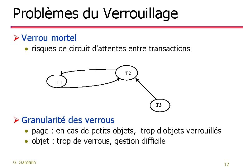 Problèmes du Verrouillage Ø Verrou mortel • risques de circuit d'attentes entre transactions T