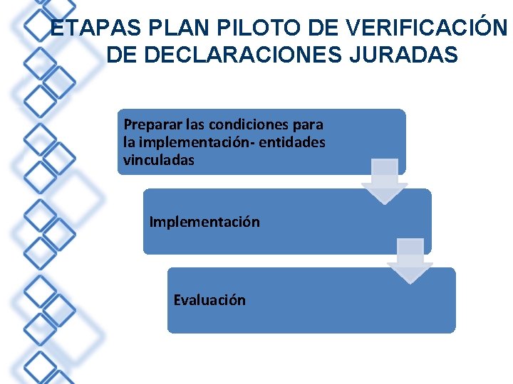 ETAPAS PLAN PILOTO DE VERIFICACIÓN DE DECLARACIONES JURADAS Preparar las condiciones para la implementación-