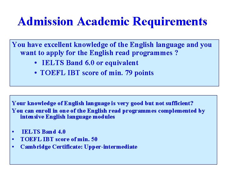 Admission Academic Requirements You have excellent knowledge of the English language and you want