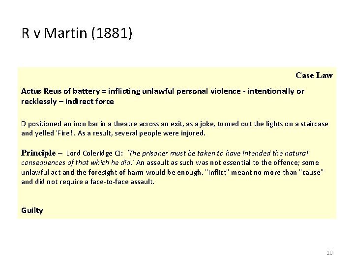 R v Martin (1881) Case Law Actus Reus of battery = inflicting unlawful personal
