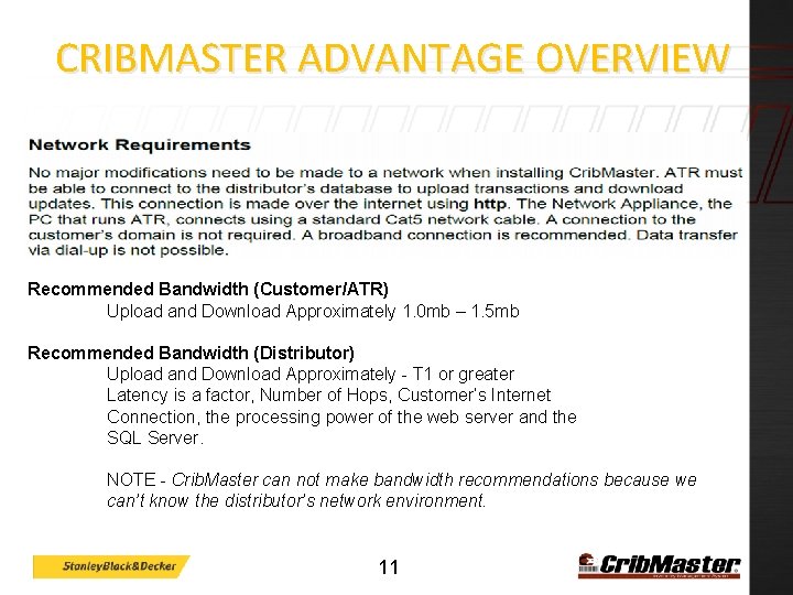 CRIBMASTER ADVANTAGE OVERVIEW Recommended Bandwidth (Customer/ATR) Upload and Download Approximately 1. 0 mb –