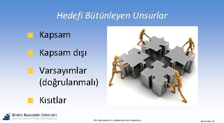 Hedefi Bütünleyen Unsurlar Kapsam dışı Varsayımlar (doğrulanmalı) Kısıtlar This information is Confidential and Proprietary