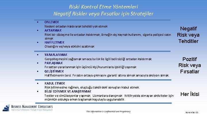 Riski Kontrol Etme Yöntemleri Negatif Riskler veya Fırsatlar için Stratejiler • • ÖNLEMEK Nedeni