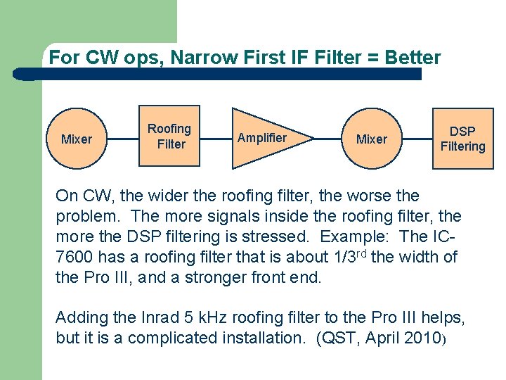 For CW ops, Narrow First IF Filter = Better Mixer Roofing Filter Amplifier Mixer