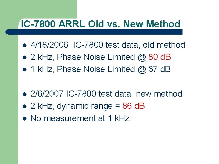 IC-7800 ARRL Old vs. New Method l l l 4/18/2006 IC-7800 test data, old