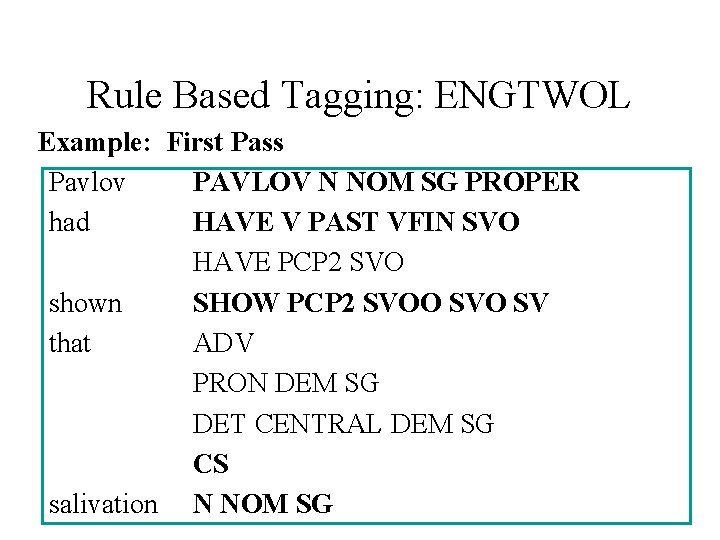 Rule Based Tagging: ENGTWOL Example: First Pass Pavlov PAVLOV N NOM SG PROPER had