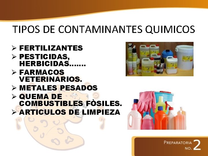 TIPOS DE CONTAMINANTES QUIMICOS Ø FERTILIZANTES Ø PESTICIDAS, HERBICIDAS……. Ø FARMACOS VETERINARIOS. Ø METALES