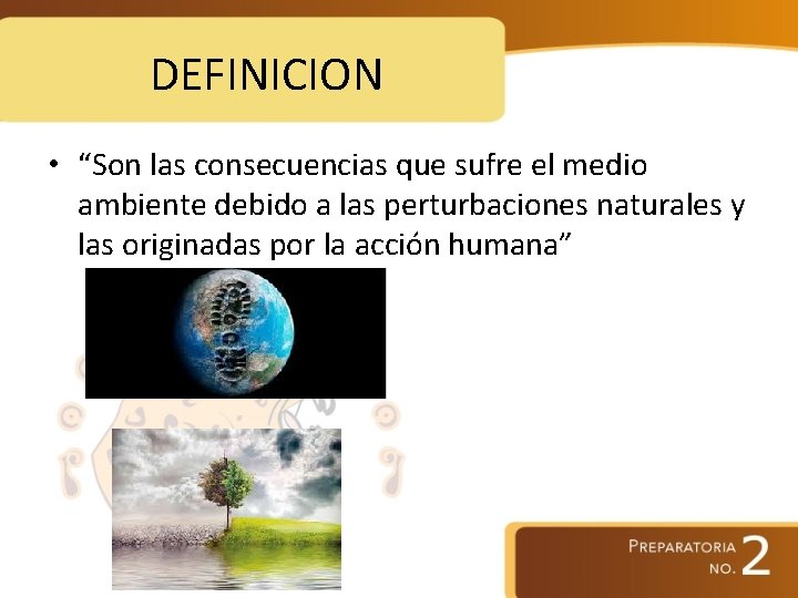 DEFINICION • “Son las consecuencias que sufre el medio ambiente debido a las perturbaciones
