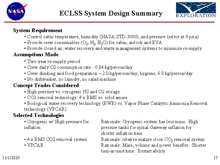 ECLSS System Design Summary System Requirement • Control cabin temperature, humidity (NASA-STD-3000), and pressure