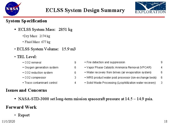 ECLSS System Design Summary System Specification • ECLSS System Mass: 2851 kg • Dry