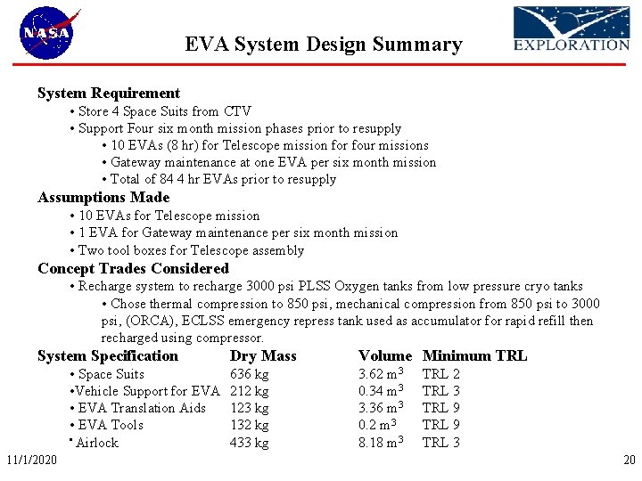 EVA System Design Summary System Requirement • Store 4 Space Suits from CTV •