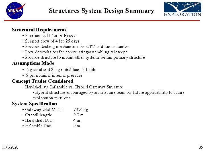 Structures System Design Summary Structural Requirements • Interface to Delta IV Heavy • Support