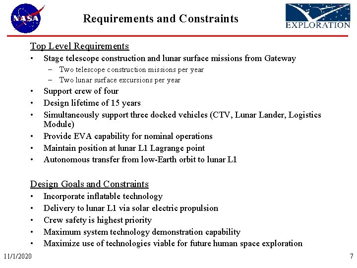 Requirements and Constraints Top Level Requirements • Stage telescope construction and lunar surface missions