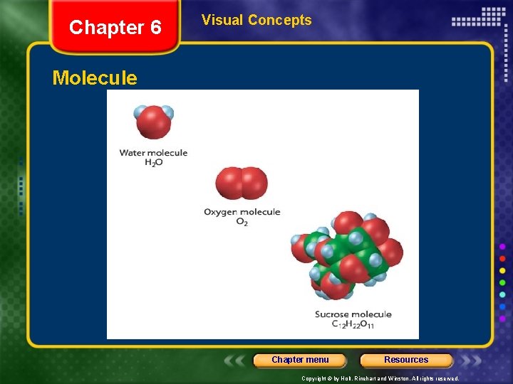 Chapter 6 Visual Concepts Molecule Chapter menu Resources Copyright © by Holt, Rinehart and
