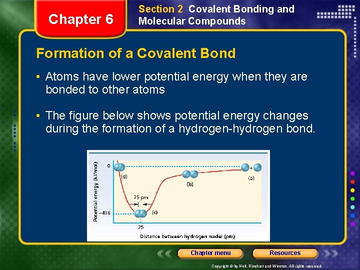 Chapter 6 Section 2 Covalent Bonding and Molecular Compounds Formation of a Covalent Bond