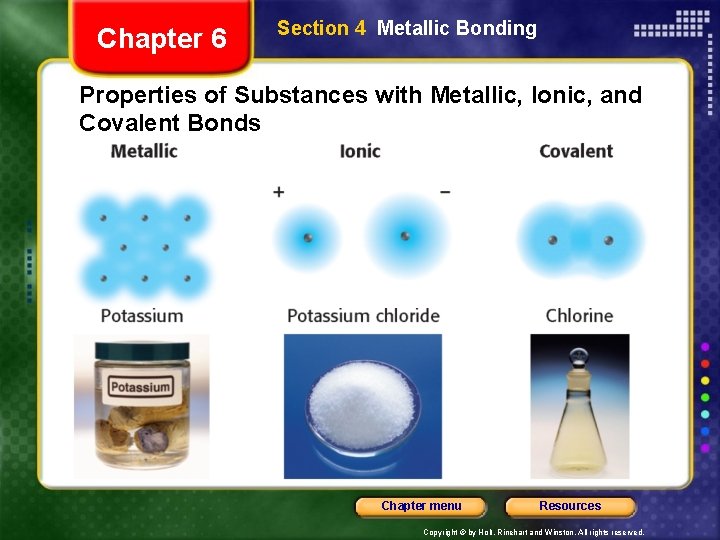 Chapter 6 Section 4 Metallic Bonding Properties of Substances with Metallic, Ionic, and Covalent