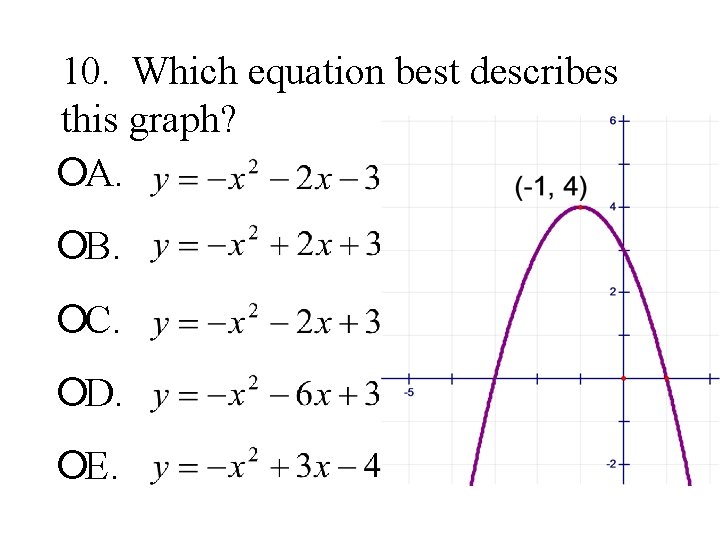 10. Which equation best describes this graph? ¡A. ¡B. ¡C. ¡D. ¡E. 