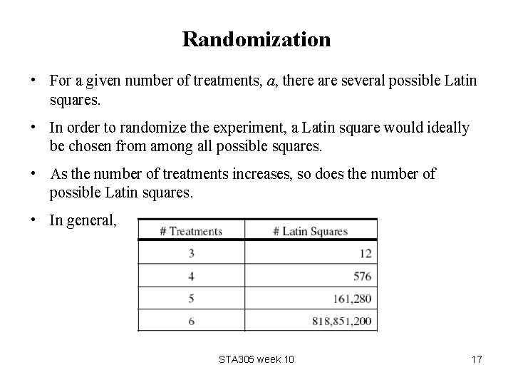 Randomization • For a given number of treatments, a, there are several possible Latin