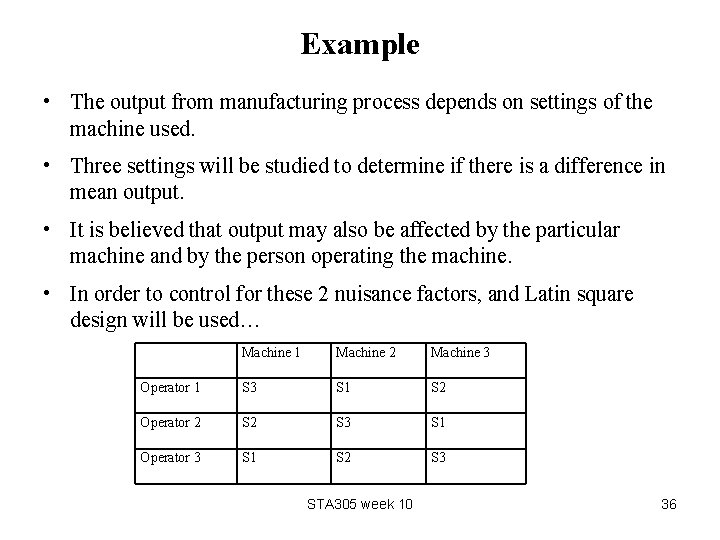 Example • The output from manufacturing process depends on settings of the machine used.