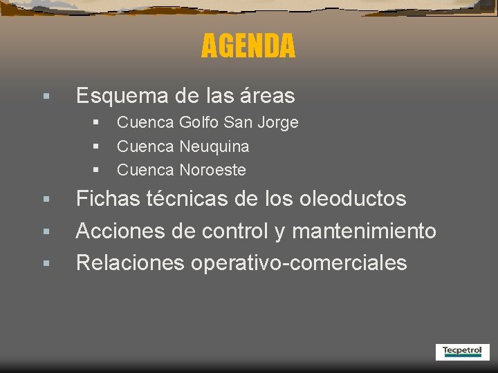 AGENDA § Esquema de las áreas § § § Cuenca Golfo San Jorge Cuenca