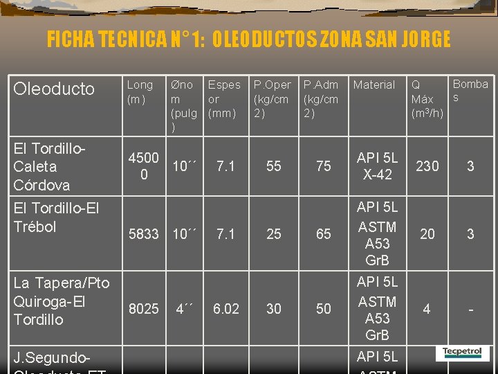 FICHA TECNICA N° 1: OLEODUCTOS ZONA SAN JORGE Oleoducto Long (m) El Tordillo. Caleta