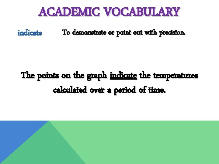 ACADEMIC VOCABULARY indicate To demonstrate or point out with precision. The points on the