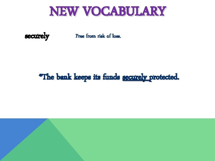 NEW VOCABULARY securely Free from risk of loss. *The bank keeps its funds securely