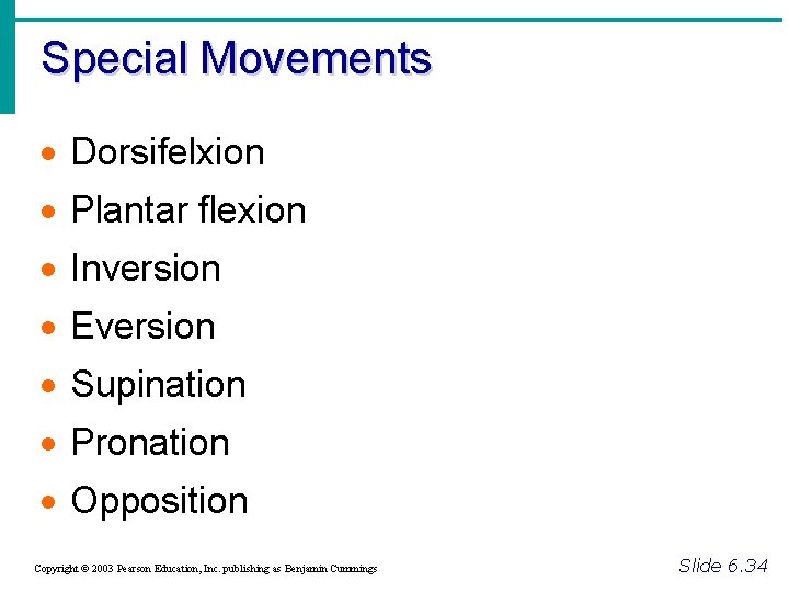 Special Movements · Dorsifelxion · Plantar flexion · Inversion · Eversion · Supination ·