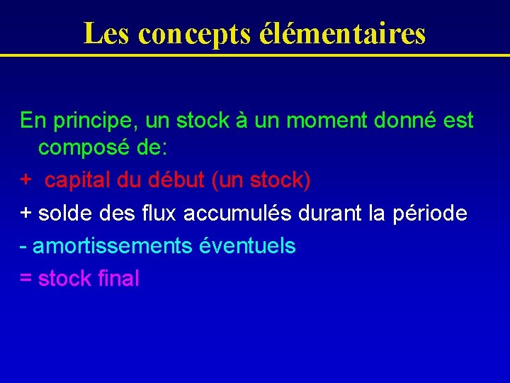 Les concepts élémentaires En principe, un stock à un moment donné est composé de: