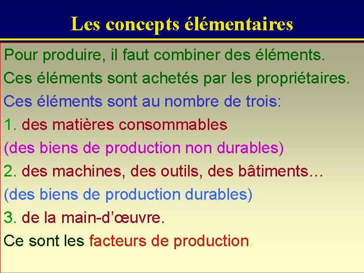 Les concepts élémentaires Pour produire, il faut combiner des éléments. Ces éléments sont achetés