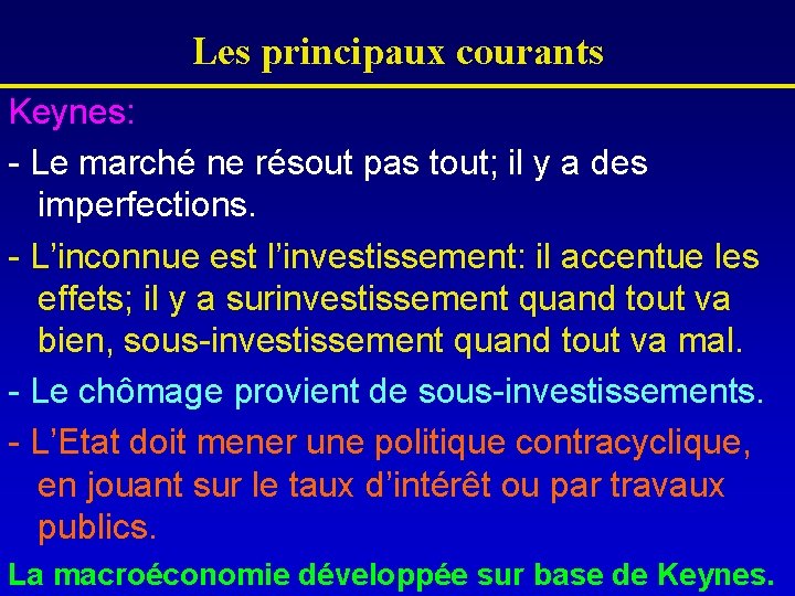 Les principaux courants Keynes: - Le marché ne résout pas tout; il y a