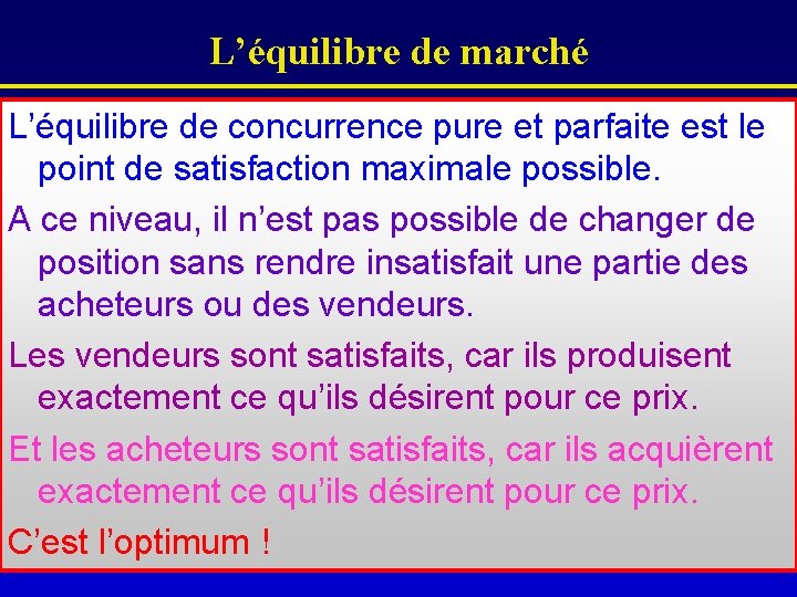 L’équilibre de marché L’équilibre de concurrence pure et parfaite est le point de satisfaction