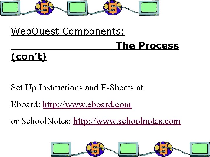 Web. Quest Components: (con’t) The Process Set Up Instructions and E-Sheets at Eboard: http: