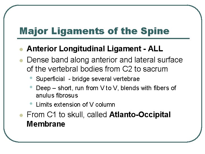 Major Ligaments of the Spine l l Anterior Longitudinal Ligament - ALL Dense band