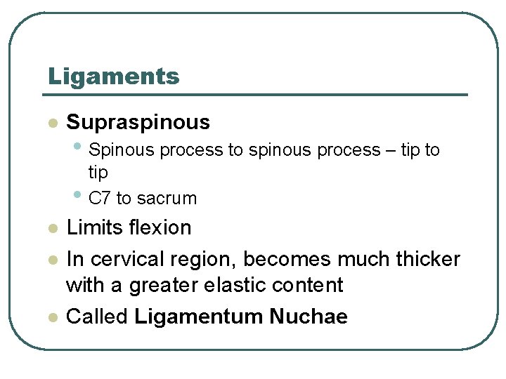 Ligaments l Supraspinous • Spinous process to spinous process – tip to • l